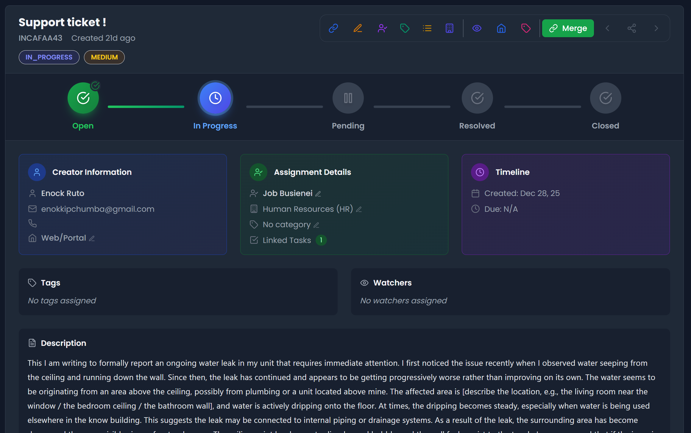 SafariDesk email to ticket screen