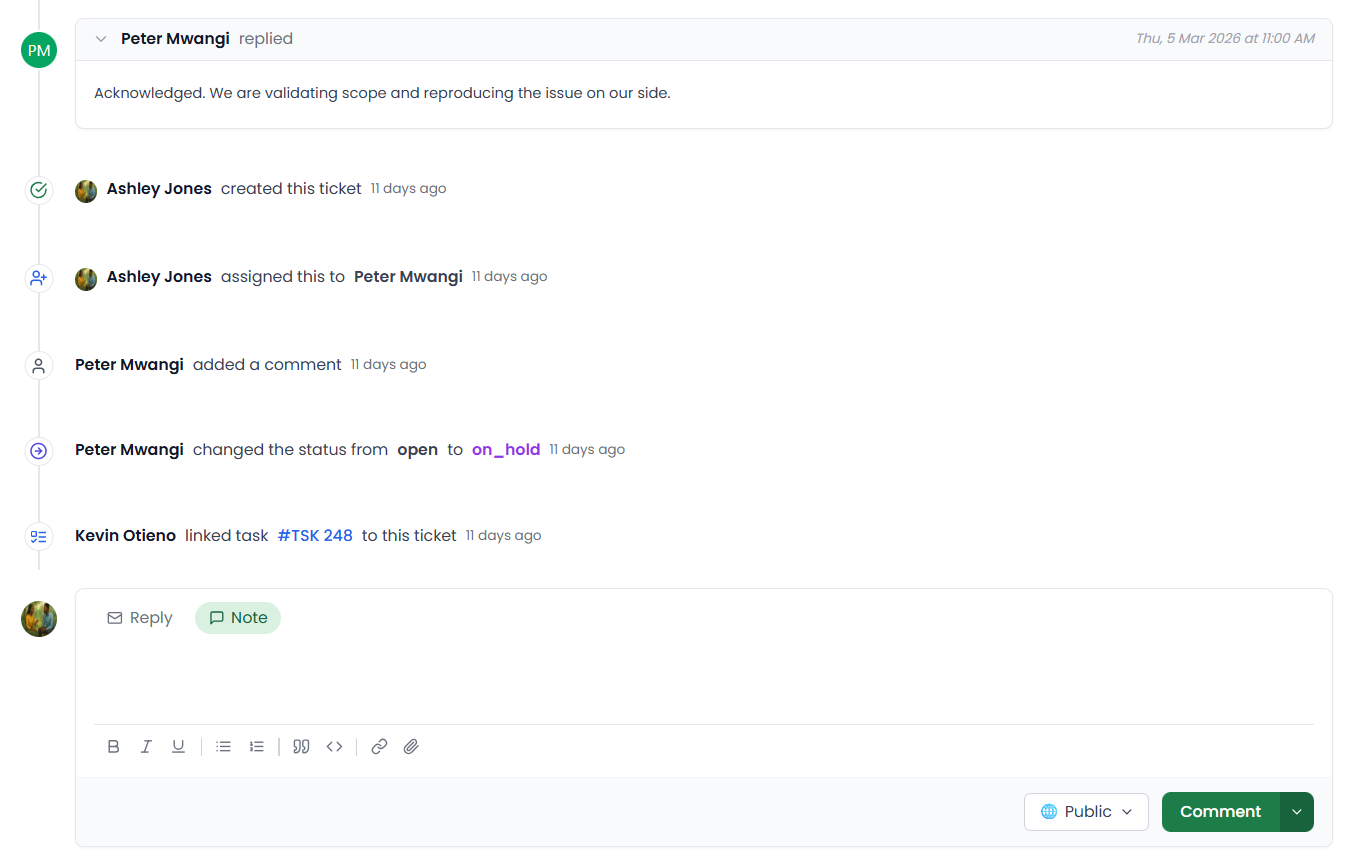 SafariDesk activity stream showing ticket history and internal updates