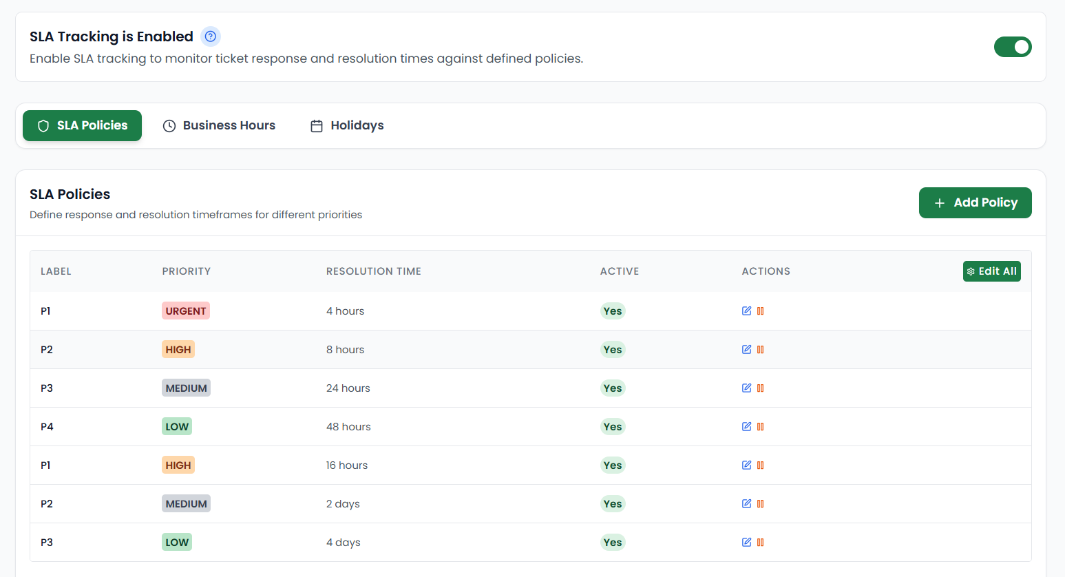 SafariDesk SLA plans configuration interface